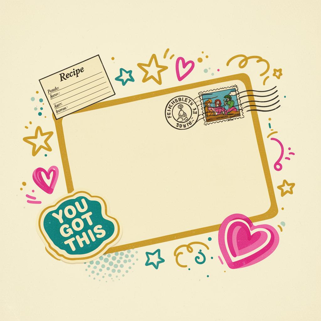 A vintage envelope surrounded by recipe cards, stickers and hand-drawn hearts